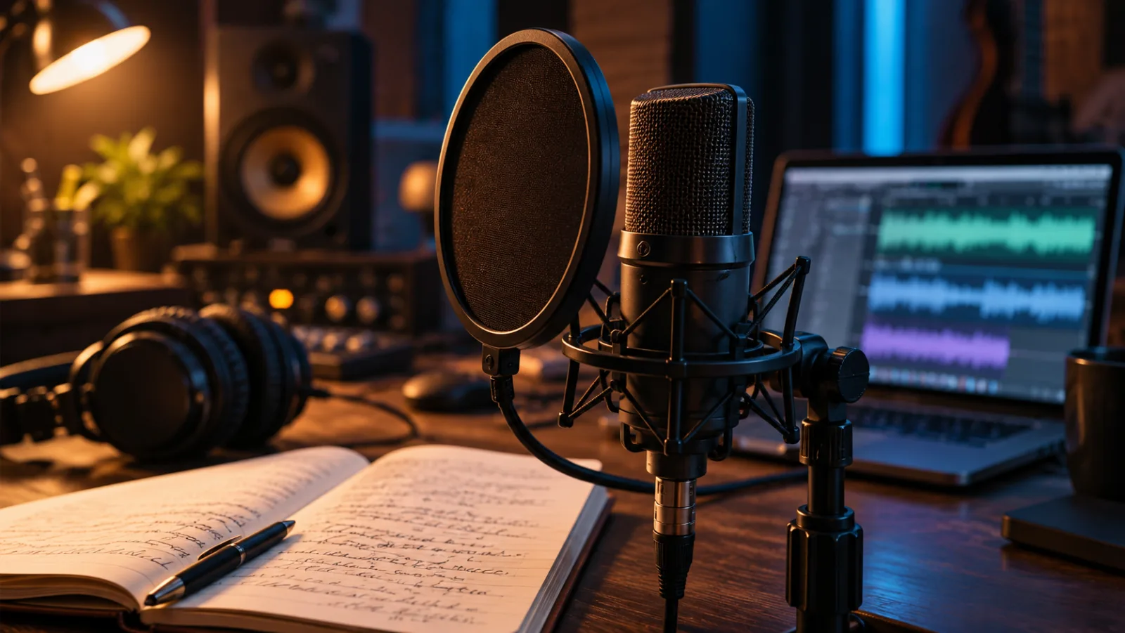 Studio microphone and pop filter beside a lyric notebook, headphones, and a laptop with audio waveforms