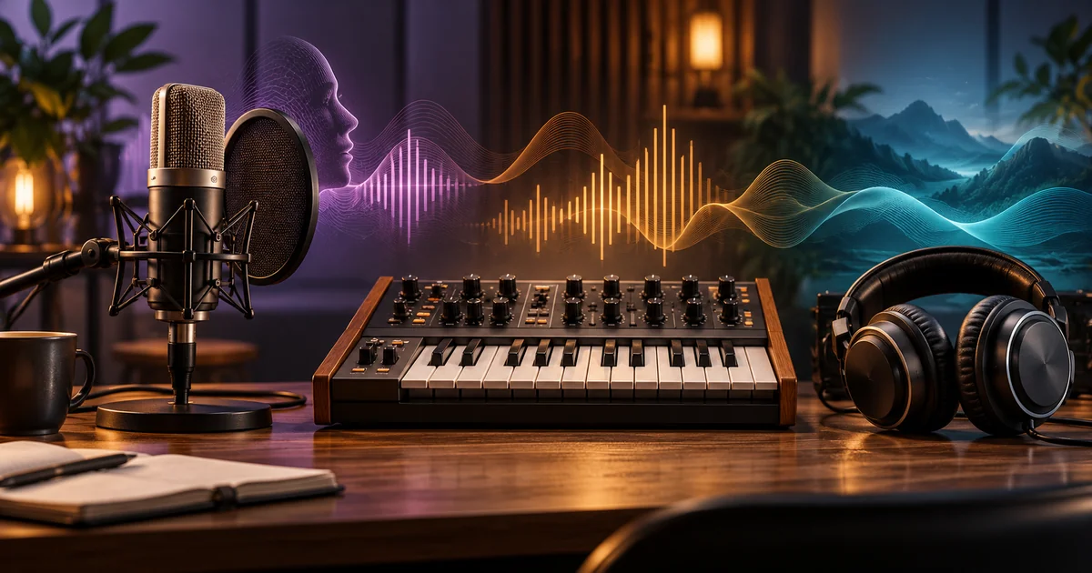 Microphone, synthesizer, and headphones linked by abstract sound waves