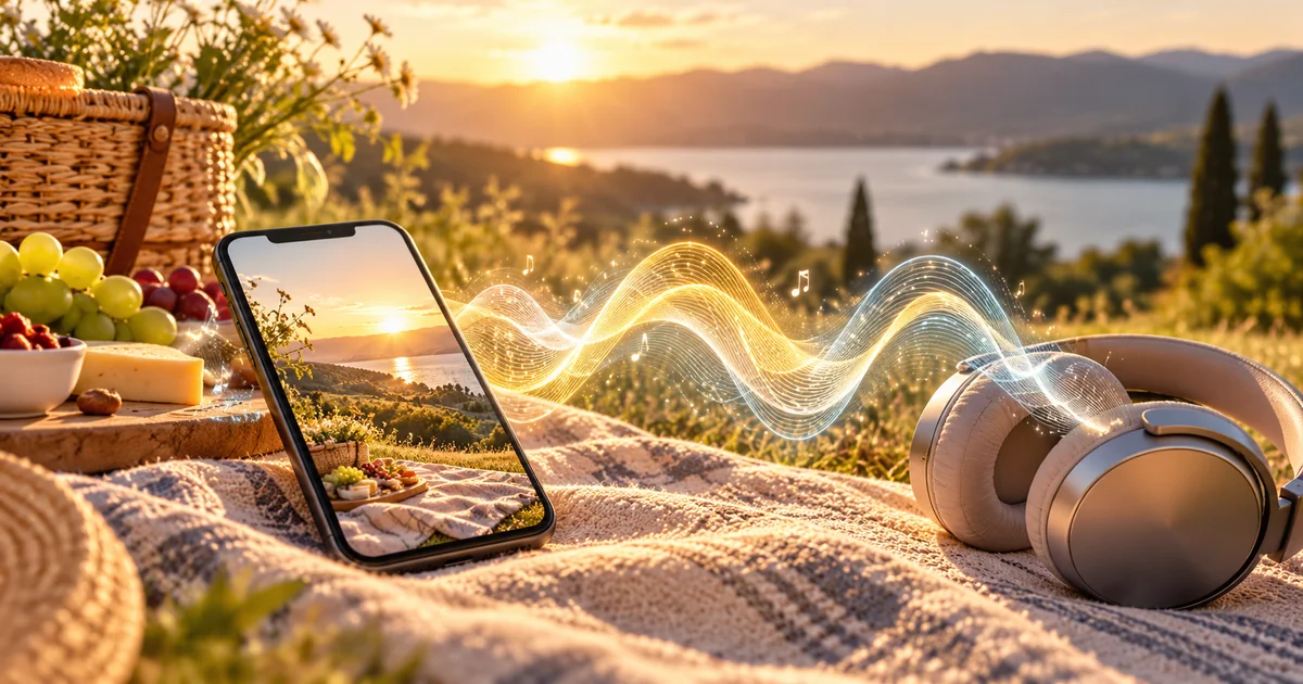 Smartphone picnic photo and headphones linked by glowing sound waves