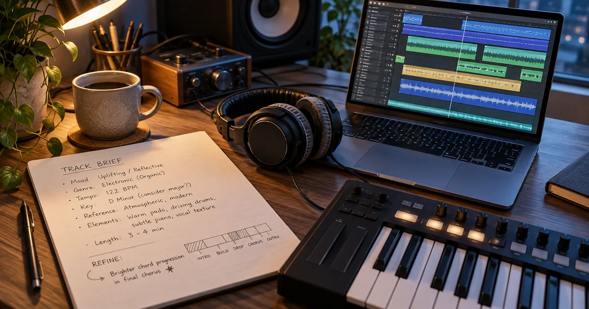 Music brief, headphones, MIDI keyboard, and laptop audio tracks on a desk