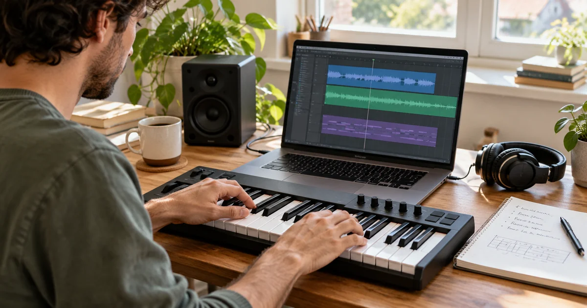 Producer playing a MIDI keyboard beside a laptop and a written music brief