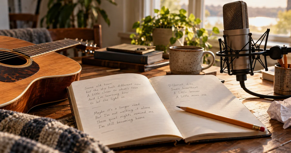 Open lyric notebook beside an acoustic guitar, pencil, and studio microphone