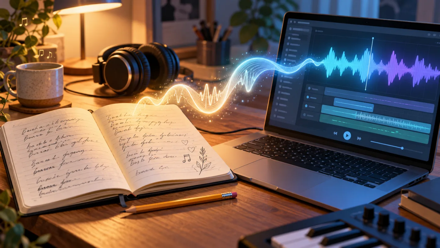 An open lyric notebook and headphones beside a laptop, connected by a glowing audio waveform