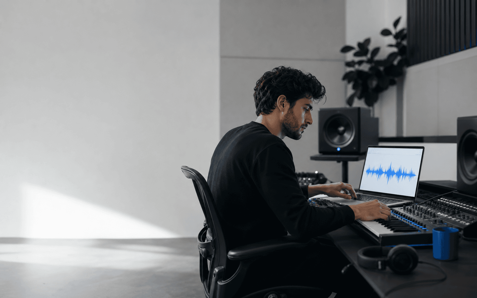 Music producer shaping a track in a recording studio