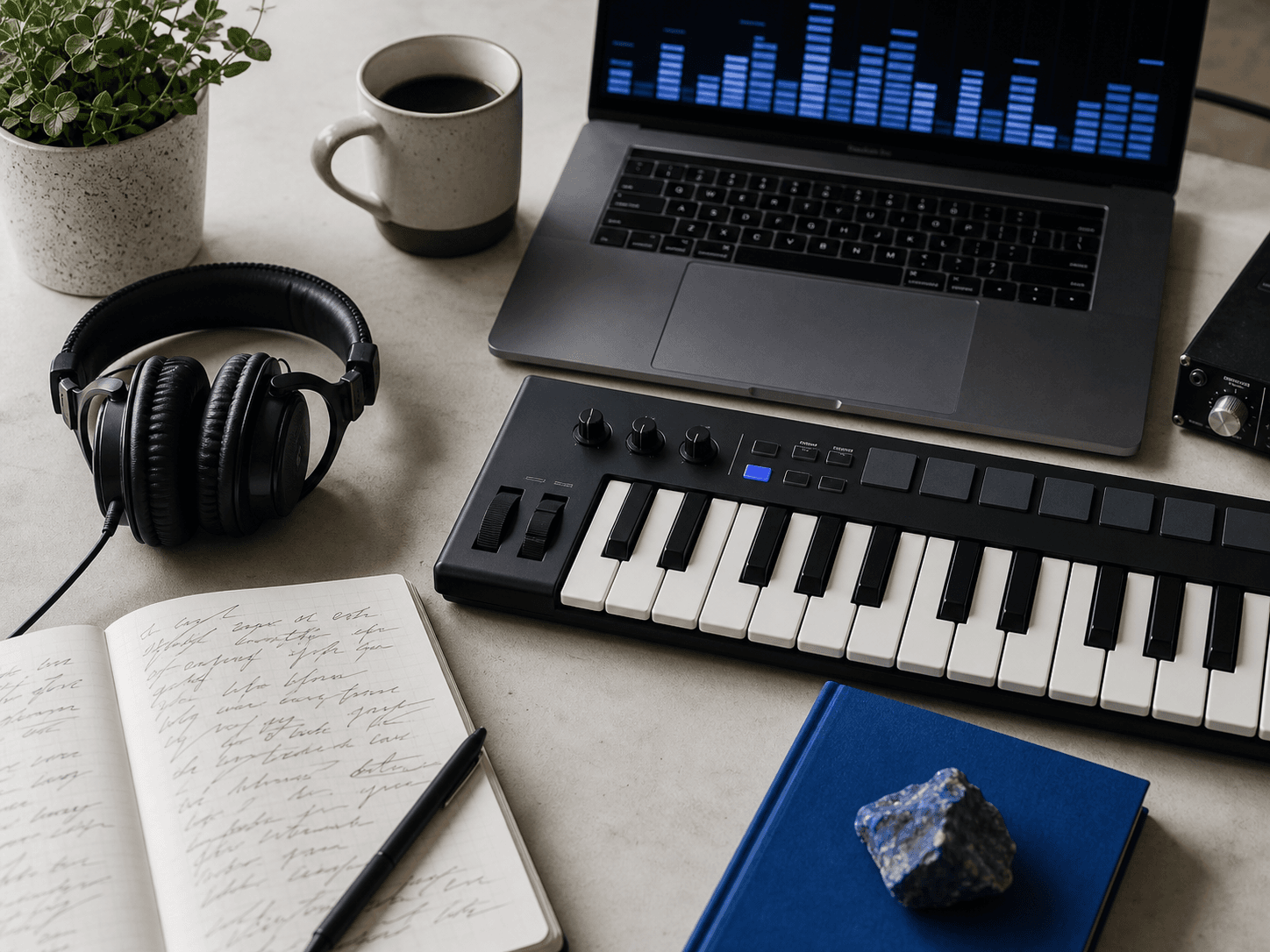 MIDI keyboard, headphones, and an audio workspace