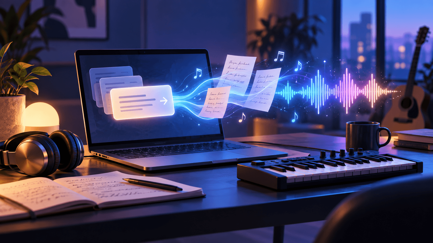 A music workspace turning written prompts and lyric notes into a glowing audio waveform