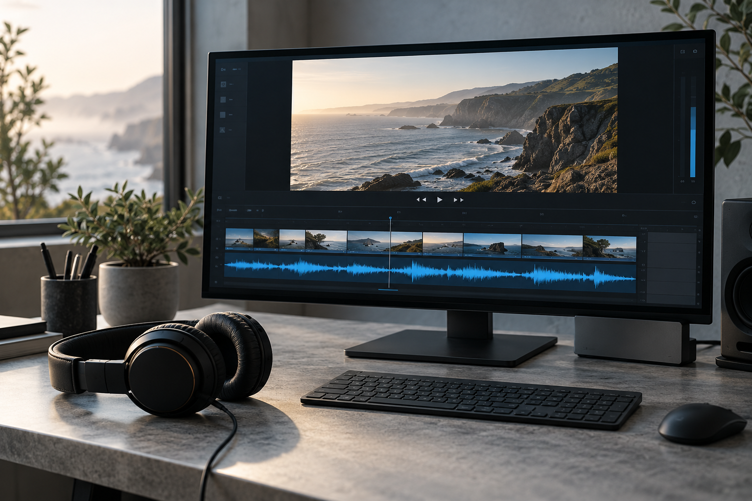 Video editing workspace with a blue audio waveform and headphones